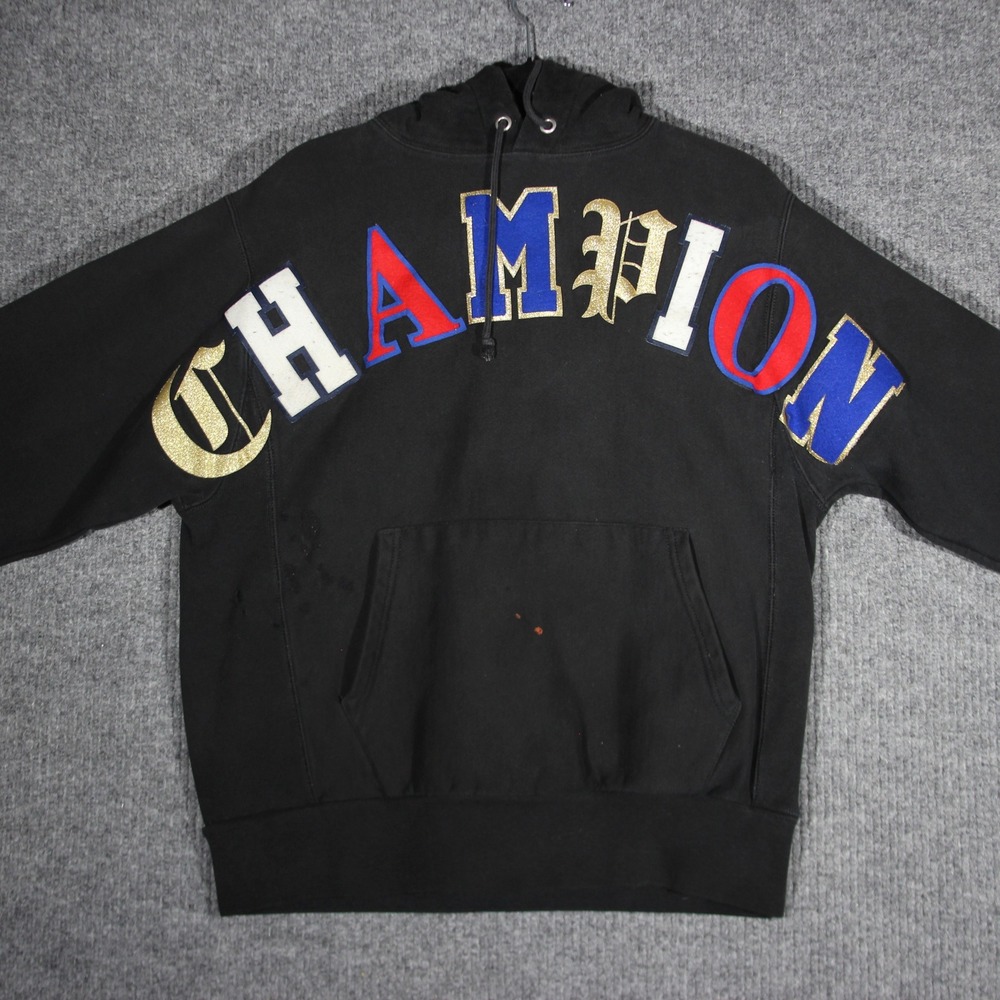 Vintage Champion Reverse Weave Hoodie Mens Medium Blakc‎ Spellout Y2K Distressed